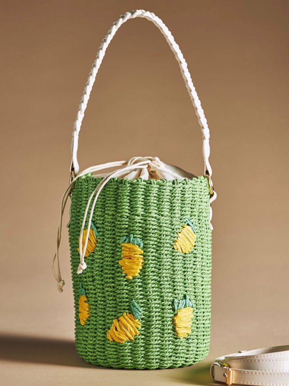 Anthropologie Green Lemon Raffia Woven Bucket Crossbody Bag - Picture 2 of 7